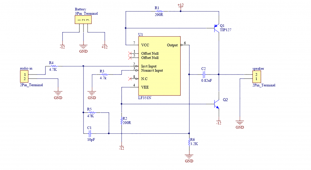 مدار امپلی فایر صوتی 10 وات با استفاده از Op-Amp و ترانزیستورهای قدرت